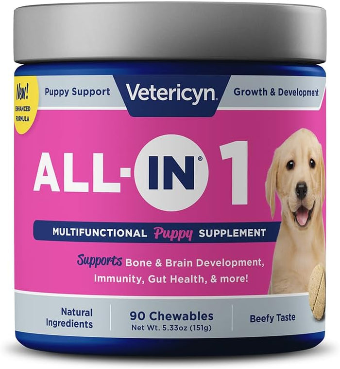 All-in 1 Multifunctional Puppy Supplement | Digestive Enzymes + Antioxidant Immune Support for Puppies + Vitamins, Minerals, Prebiotics, Probiotics, and Omegas. 90 Count