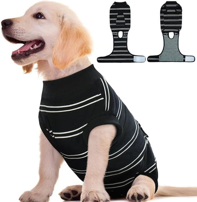 Kuoser Dog Surgery Recovery Suit, Soft Breathable Dog Recovery Suit for Female Spay Male Nueuter, Anti Licking Puppy Onesie Pet Surgical Suit for Dogs Abdominal Wounds Skin Disease, Black Strips XS