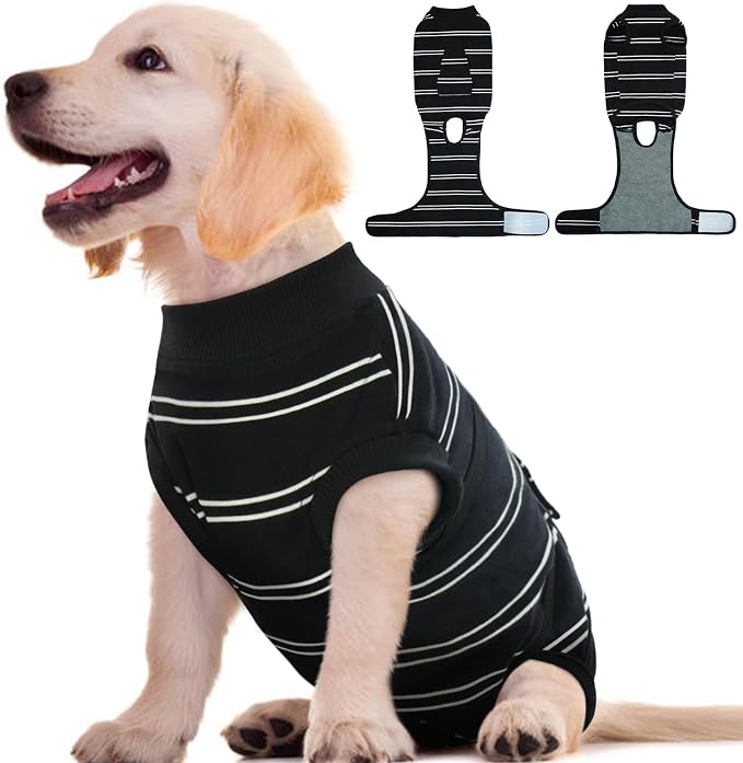 Dog Surgery Recovery Suit, Soft Breathable Dog Recovery Suit for Female Spay Male Nueuter, Anti Licking Puppy Onesie Pet Surgical Suit for Dogs Abdominal Wounds Skin Disease, Black Strips XS