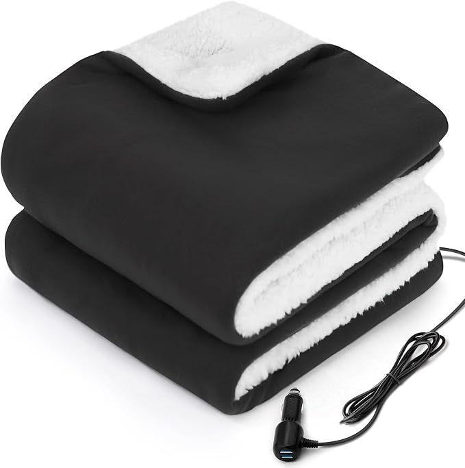 Sealy 12-Volt Heated Car Blanket with 2 USB Output Ports, 3 Heating Levels & 4 Hours Auto Off, Electric Blanket for Car, Truck, SUV, RV or Camping, Machine Washable, 59" X 43", Charcoal