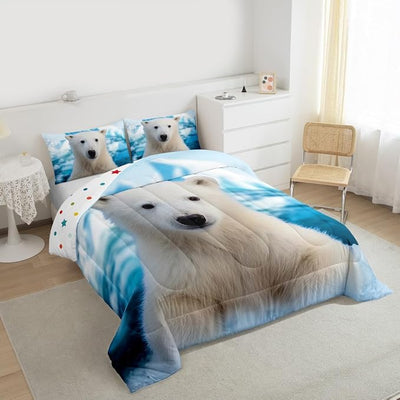 Erosebridal Polar Bear Comforter Set, Iceberg Pattern Duvet Sets Queen Size for Kids Boys Girls Teens Adult, Arctic Scenery Bedding Set, Cute Animal Quilted Duvet Bedroom Decor, Blue White
