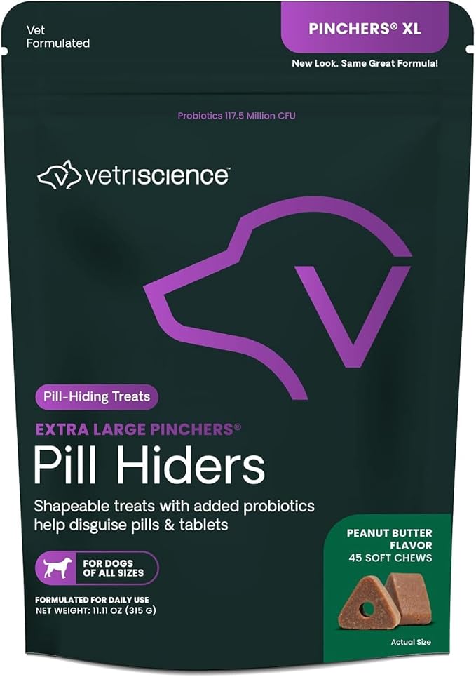VetriScience Pinchers XL Pill Hiding Treats for Dogs – Extra Large Pill Hiders Probiotics, Great for Medicine, Large Capsules and Tablets, Peanut Butter, 45 Count