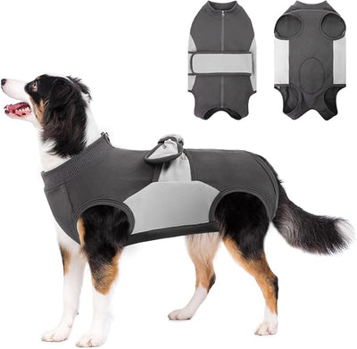 SAWMONG Zipper Recovery Suit for Dogs, Cotton Dog Surgery Suit Female Spay Pet Male Breathable, Neuter Onesie Bodysuit Prevent Licking Wounds, Substitute E-Collar & Cone(Gray, Large)