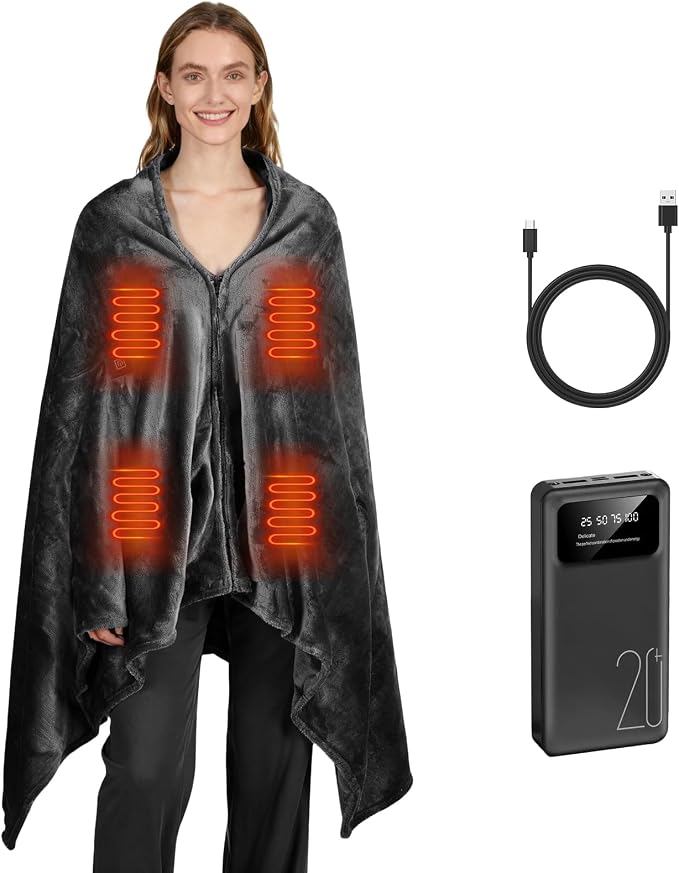 Cordless Portable Heated Blanket Battery Operated, 20000mAh Battery Rechargeable Heated Blanket with 3 Heating Levels, 70"x40" USB Wearable Electric Blankets for Camping, Home, Office, Car.