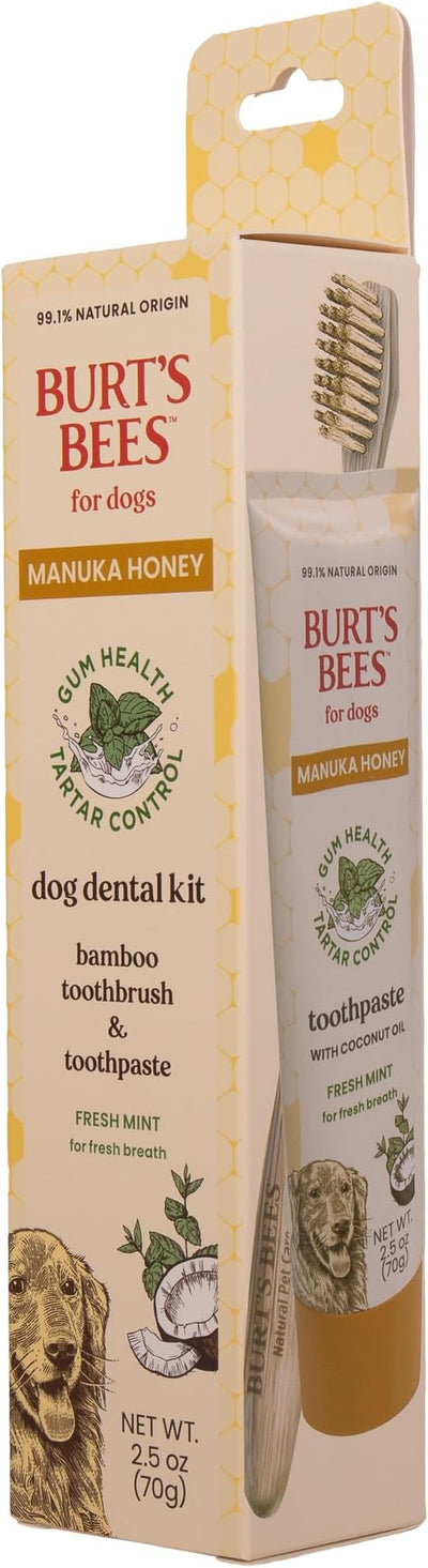 Burt's Bees for Pets Fresh Mint Dog Dental Kit with Bamboo Toothbrush & Dog Toothpaste, Manuka Honey & Coconut Oil for Gum Health, Tartar Control, 99.1% Natural Origin Formula, 2.5 Oz