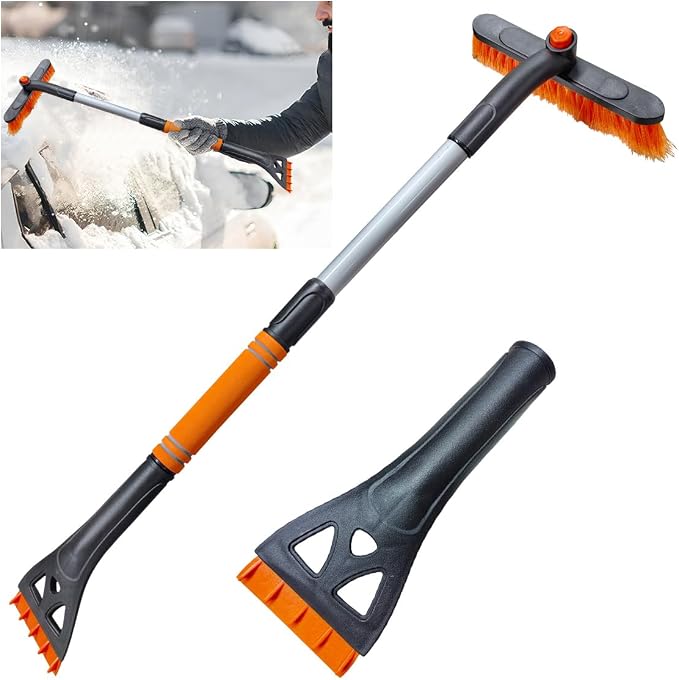 KITUREK 31.5" Detachable Snow Brush and Ice Scraper for Car Windshield, 2-in-1 Winter Snow Removal Tool with Extendable, 360° Rotating Soft Bristle Brush Head and Foam Grip for Most Vehicles (Orange)