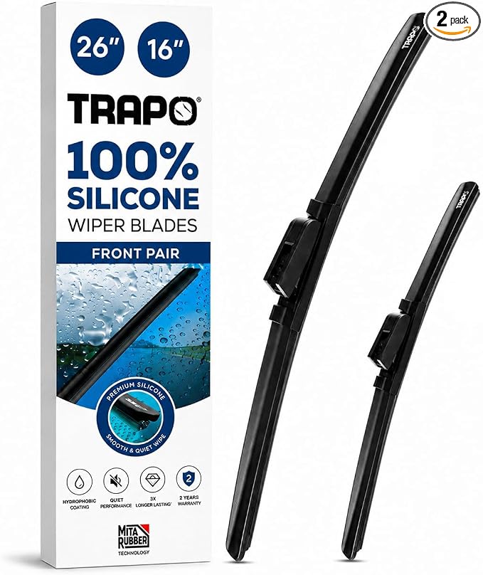 26” and 16" Hydrophobic Front Windshield Wiper Blades - Fits CR-V, Tucson, Kia Sportage, Accord, Ford Ranger - Durable & Silicone - Strong Water-Repellent Coating - Easy Install - 2 Blades