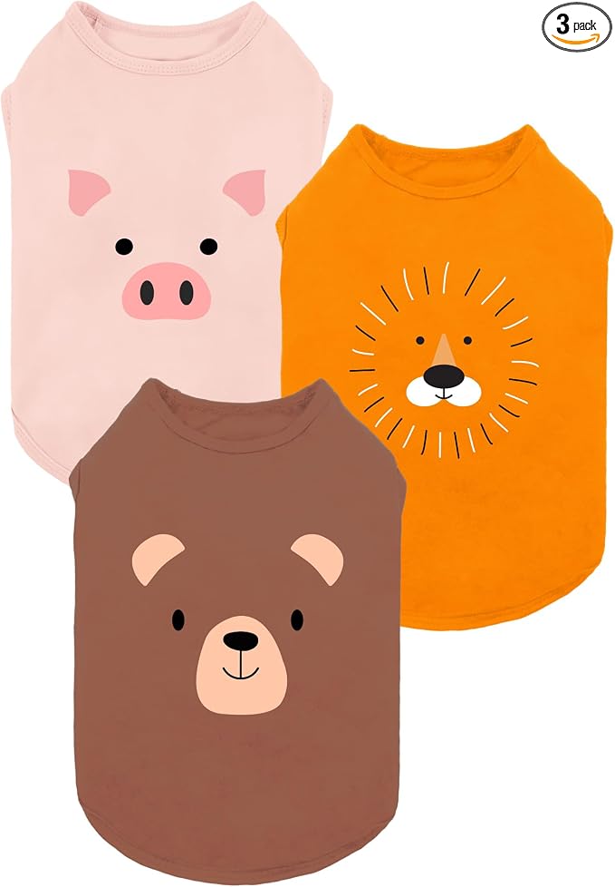 Fitwarm 3 Pack Bear Lion Pig Dog Shirt, Funny Dog Clothes for Small Dogs Boy Girls, Summer Pet Outfit, Cute Animal Costume, Brown, Pink, Blaze Orange, XS