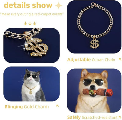 Fashion Cat Sunglasses and Gold Chain Toys Set, Cuban Link Necklace with Dollar Sign Charm, Puppy Costume Outfits Accessories for Small Middle Fat Cats (Cat)