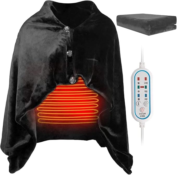 USB Heated Shawl Electric Heated Blanket Plush Flannel Blanket,Electric Heated Shawl Blanket Battery Operated USB Cordless Wrap,with 3 Heat Level Setting for Car Office Home Travel,Black