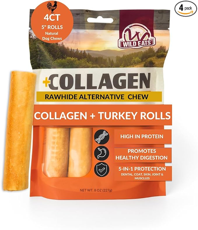 Turkey Flavor Collagen Retriever Style Cheek Rolls 5" Dog Chews-4 Pack (Long Lasting Dog Chews Treats & Bones for Medium Dogs) Substitute for Pig Ears for Dogs