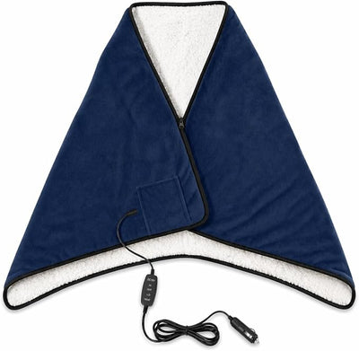 Sojoy 12V Heated Car Blanket with Zipper Wearable Design, Flannel Sherpa Electric Blanket for Car Truck SUV RV Van, Portable Heated Shawl, Navy Blue