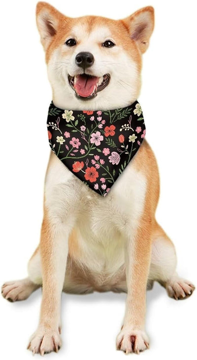 KEIAHUAN Floral Dog Bandana Triangle Reversible Bibs Handkerchief Spring Summer Adjustable Kerchief Square Dog Bandanas for Puppy Pet (Black)