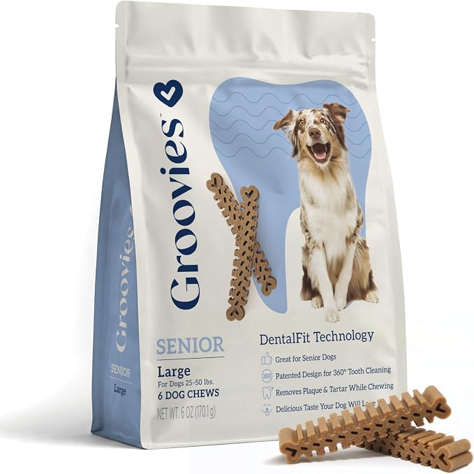 Groovies Senior & Gentle Chewers Dog Dental Treats, Flexible Texture, Patented Technology to Help Control Tartar & Freshen Breath, Large Dog Chews (25-50 lbs), USA Manufactured Oral Care, 6 Count