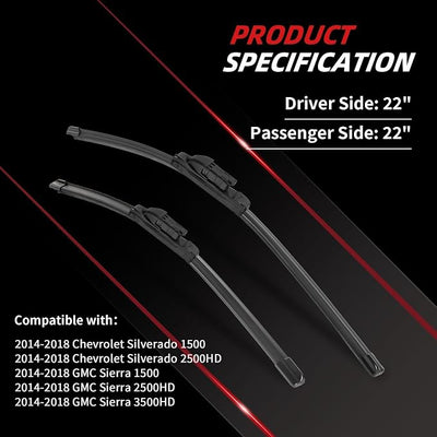 OTUAYAUTO 22"+22" Windshield Wiper Blades Replacement for 2014-2018 Chevy Silverado/GMC Sierra 1500 2500 3500HD All-Weather Performance, Top Lock Front Window Wiper Blade (Pack of 2)