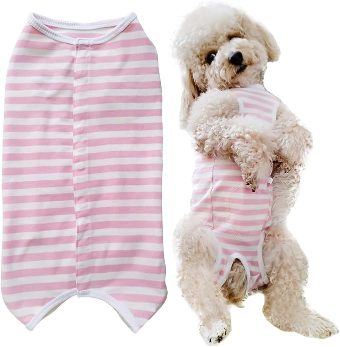 Dog’s Recovery Suit Post Surgery Shirt for Puppy, Wound Protective Clothes for Little Animals(Pink White Stripe-m)