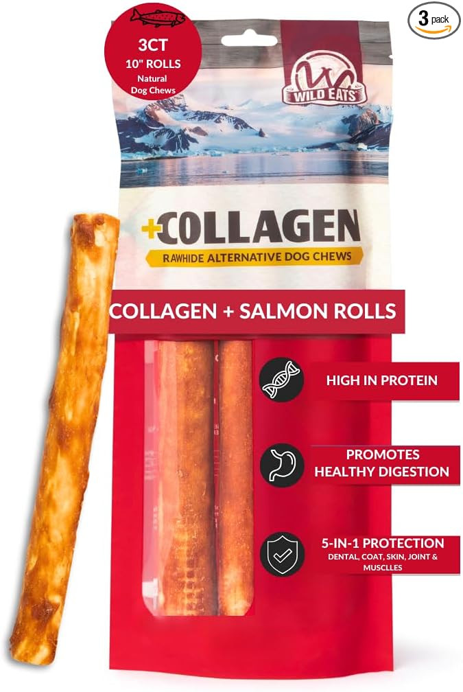 Salmon Flavor Collagen Retriever Style Cheek Roll 10" Dog Chews-3 Pack (Long Lasting Dog Chews Treats & Bones for Medium Dogs) Substitute for Pig Ears for Dogs