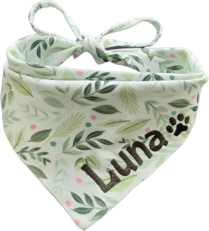 Embroidered Summer Triangle Bandana, Green Leaves Pattern, Medium