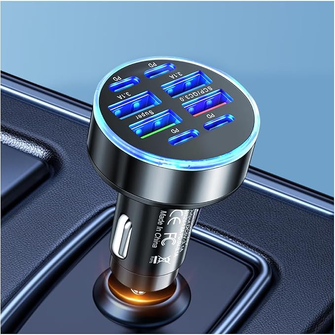 Car Charger Adapter with 8 Ports,40W 12V-24V Car Cigarette Lighter Adapter Includes 4 Type-C & 4 USB,Universal Fast Cars Charger Port Cars Accessories for Phone,Tablet,Dash Cam