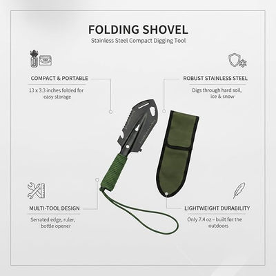 Folding Shovel Stainless Steel Compact Digging Tool for Camping Snow Clearing Car Storage (1 PC)