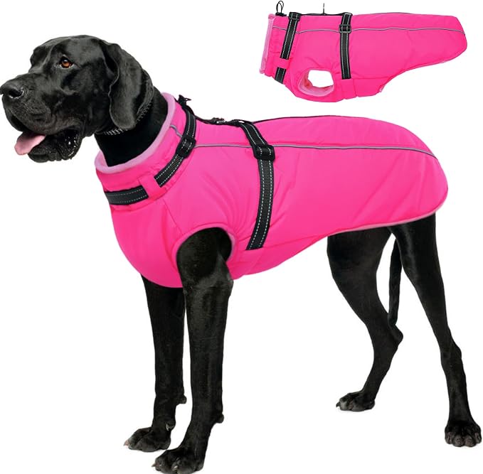 Dog Winter Coat Waterproof Dog Jacket with Harness Built in Windproof Reflective Pet Coats for Small Medium Large Dogs, Thermal Fleece Lined Coats for Cold Weather Walking Hiking, Rose Red XXL