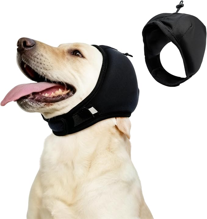 LIANZIMAU 2CM Noise Reduction Padding Dog Ear Muffs Noise Protection Comfort Calming Hoodie for Fireworks Anxiety Adjustable Dog Ear Covers for Grooming with Elastic Eye Strap Polyester