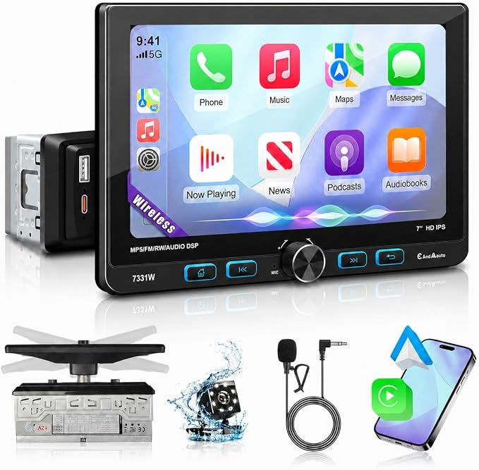 7" Single Din Touchscreen Radio, Floating Car Stereo with Wireless Apple CarPlay & Android Auto,30° Adjustable HD IPS Touchscreen,FM/AM,Bluetooth 5.2,USB & Type-C,MIC,Physical Knob, Backup Camera
