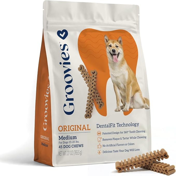 Dog Dental Treats, Flexible Yet Effective, Patented DentalFit Technology to Help Control Tartar & Freshen Breath, Medium Dog Chews (15-25 lbs), USA Manufactured Oral Care, 45 Count