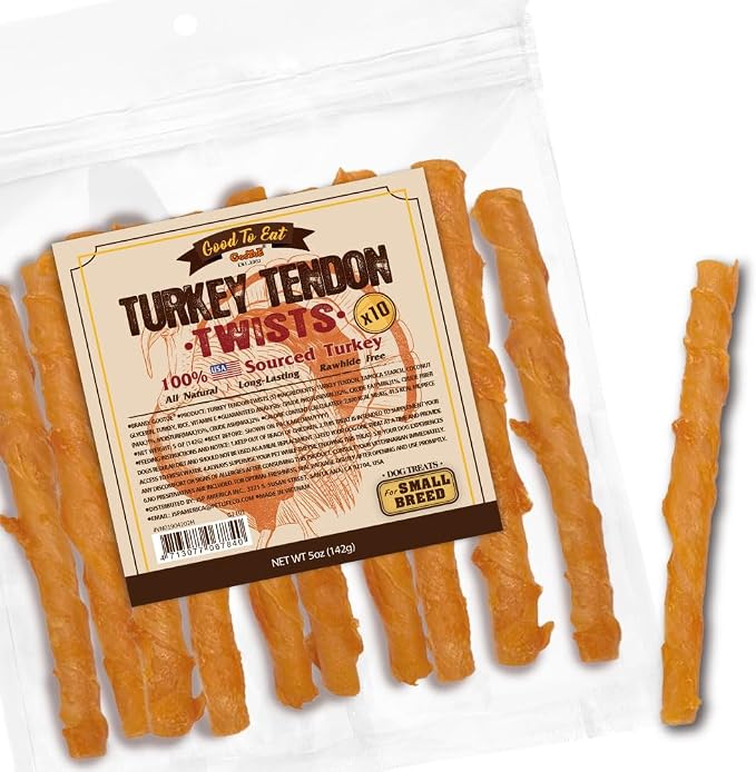 Turkey Tendons for Dogs –All-Natural, Hypoallergenic Dog Treats, Rawhide Alternative, Long Lasting Puppy Chews, Healthy Dog Treats for Small Breeds, Twists (S), 10 Count Pack