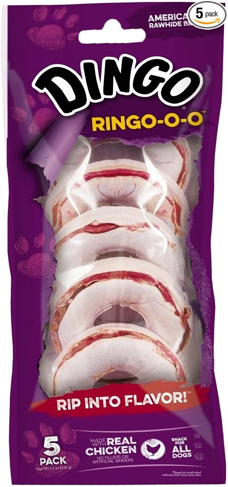 Ringo-o-o, Premium Rawhide Treats with Real Meat for Small, Medium, and Large Dogs 5-Count