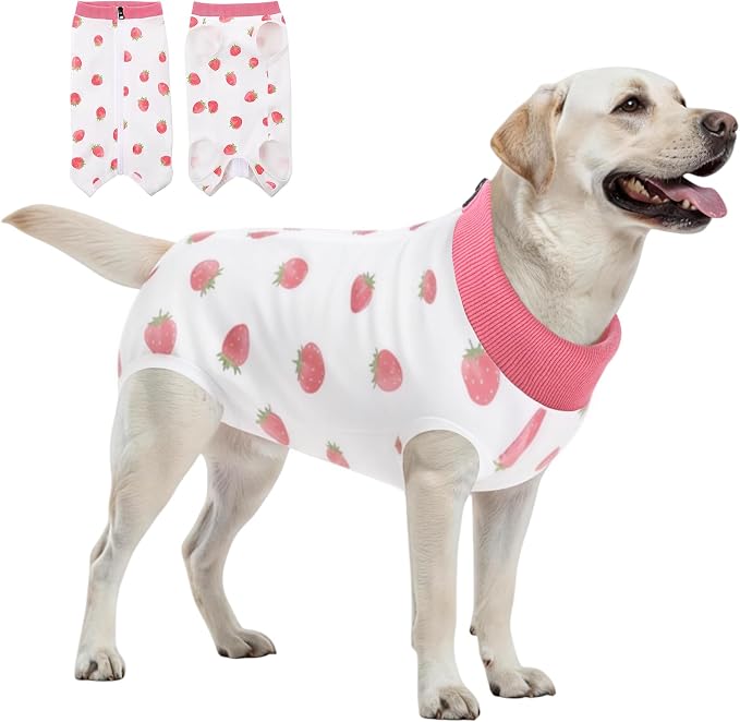 SAWMONG Recovery Suit for Dogs Female Male Zipper, Pink Strawberry Dog Onesie Body Suit After Surgery Spay Neuter, Cotton Breathable Dog Surgical Suit Pet, Substitute Dog E-Collar Cone, L