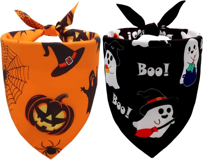 Halloween Dog Bandanas 2PCS Pumpkin Pet Scarf Small Dogs Cats | Halloween dog bandanas with pumpkin & cute ghost patterns.Perfect for fall parties,photos & holiday fun. Reversible design.