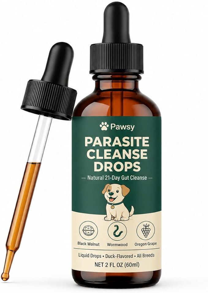 Pawsy Parasite Cleanse Drops, Herbal Digestive Support Liquid for Dogs, Daily Gut Wellness Formula with Probiotic Blend for Small Medium & Large Dogs, 2 Fl Oz