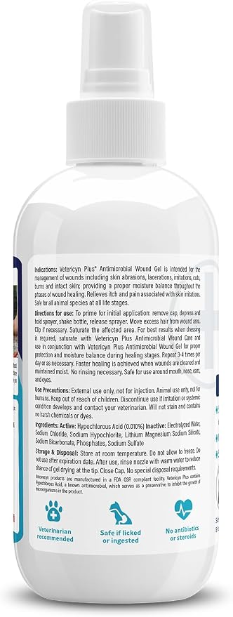 Vetericyn Plus Dog Wound Care Hydrogel Spray | Healing Aid and Wound Protectant, Sprayable Gel to Relieve Dog Itchy Skin, Safe for All Animals. 8 Ounces