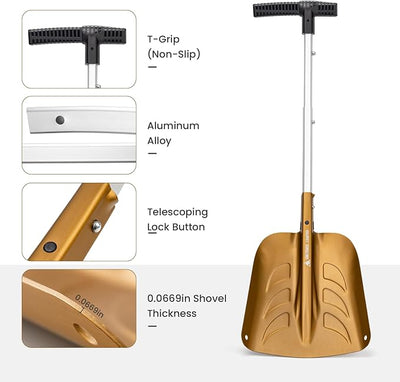OneTigris Snow Shovel, Collapsible Aluminum Alloy with Ice Scraper Brush - Portable Folding Shovel for Camping, Car Emergency, Winter Outdoor - 25.98" Lightweight Durable Design (Coyote Brown)