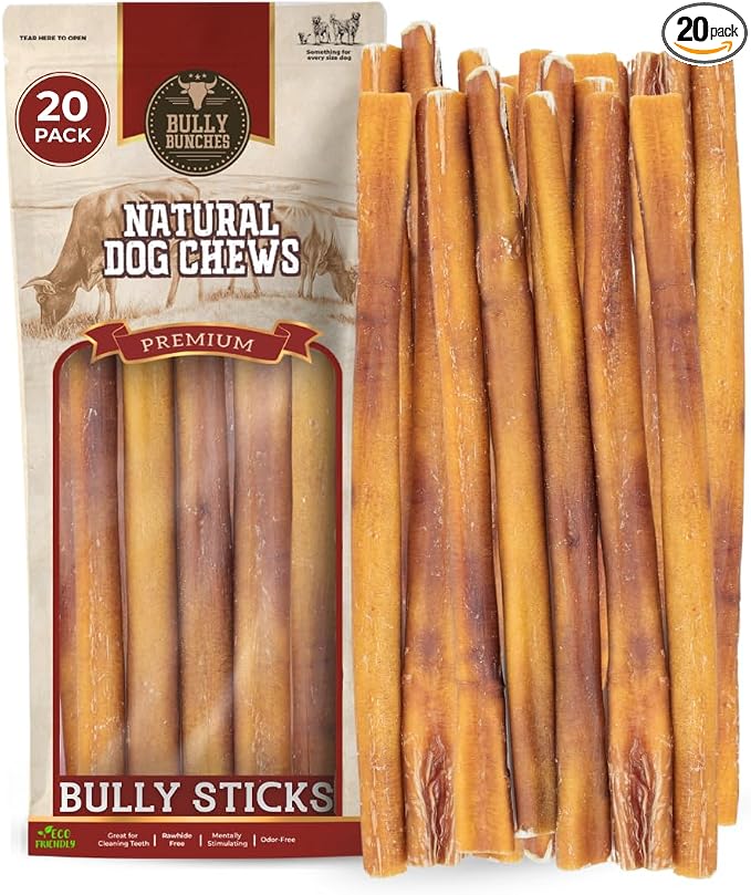 Premium (12" Standard - 20 Pack) Odor-Free Bully Sticks for Small & Medium Dogs - Consistently Sized, Long Lasting Chew Bones - All Natural & Single Ingredient, 100% Beef Dog Treat