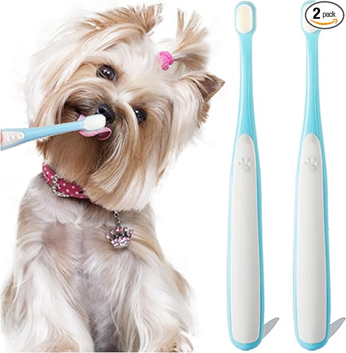 Small Dog Toothbrush, Cat & Puppy Tooth Brushing Kit, Ultra Soft & Mini Head Tooth Brush for Kitten & Tiny Pet, Doggy Toothbrushes Deep Dental Teeth Cleaning, Soft Bristles, 2 PCS - Blue