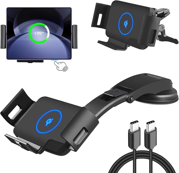 15W Wireless Car Charger Mount for Galaxy Z Fold 5/4/3 car Mount | Fast Charging Phone Holder for Galaxy Z Fold 5/4/3/2/S22 Ultra, iPhone 15/14/13 Pro Max,Google Pixel 6 Pro