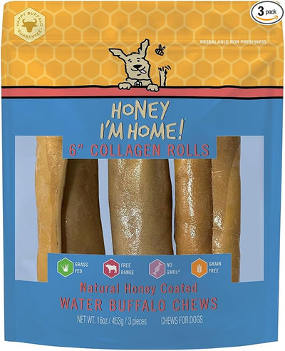 Honey I'm Home Natural Honey Coated 6" Collagen Roll Buffalo Treats, 3 Count