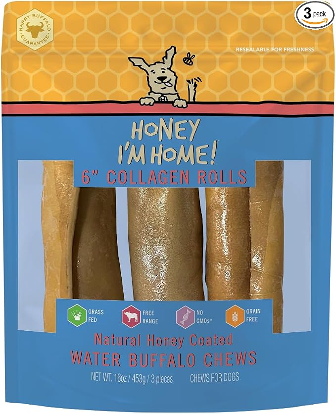 Honey I'm Home Natural Honey Coated 6" Collagen Roll Buffalo Treats, 3 Count