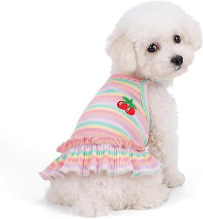 Jmkcoz Cute Striped Dog T Shirts Cherry Puppy Dress Soft Cotton Pet Sleeveless Vest Clothes Spring Summer Pet Outfits for Small Dogs Cats Girl (Pink, Medium)