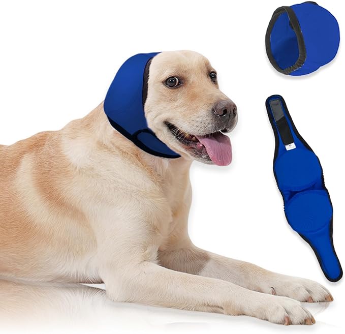 Dog Ear Covers,Dog Ear Muffs Noise Protection,No Flap Ear Wrap for Dogs Hematoma Recovery,Adjustable Calming Hoodie Shower Cap for Grooming,Bathing,Swimming & Anxiety Relief(Blue,S)