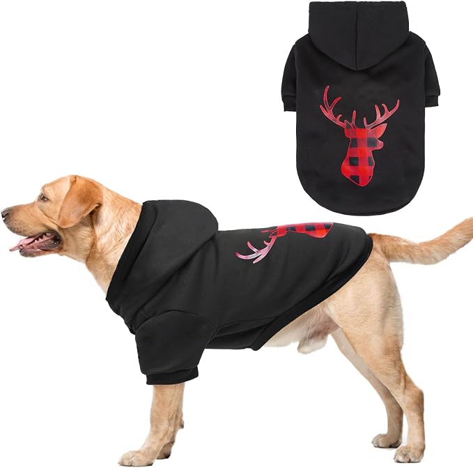 Christmas Dog Hoodie with Leash Hole, Warm & Soft Fleece Pet Sweater & Sweatshirt for Small Medium Large Dogs, Xmas Elk Print Pets Clothes Cold Weather Costume, 2XL