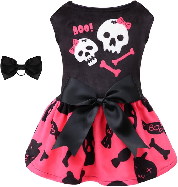 CuteBone Halloween Skulls Dog Dress Velvet for Small Dogs Girl Puppy Dresses Pink Dog Clothes