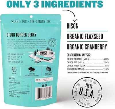 Winnie Lou Bison Burger Jerky Dog Treats – Limited Ingredient, Human Grade, Training Treats for Small, Medium & Large Dogs, USA Made, High Protein, Chews, Hypoallergenic, Sensative Stomach (1 Pack)