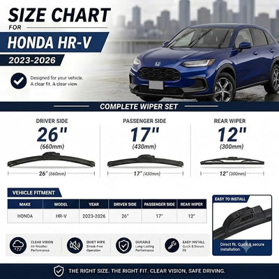 AERO Wipers OEM Replacement for Honda HR-V HRV 2023 2024 2025 2026, 26"+17" Front + 12" Rear, All-Season Windshield Wiper Blades with Extra Squeegee Refills + 1-Year Warranty (Set of 3)
