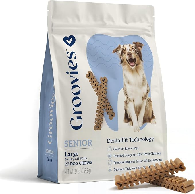 Groovies Senior & Gentle Chewers Dog Dental Treats, Flexible Texture, Patented Technology to Help Control Tartar & Freshen Breath, Large Dog Chews (25-50 lbs), USA Manufactured Oral Care, 27 Count