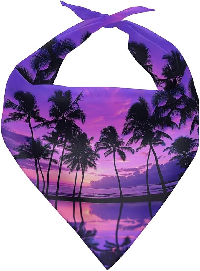 KEIAHUAN Dog Bandanas Birthday Gift Washable Dog Bib Kerchief Scarf Adjustable Accessories for Small to Large Dog Puppy Cat Soft Triangle Scarves, Purple Palm Trees