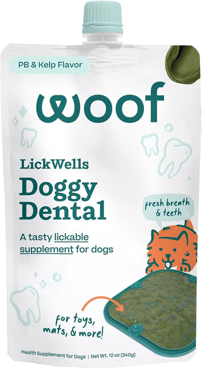 WOOF LickWells Doggy Dental - Teeth Cleaning Supplement and Breath Freshener for The FlipMat and LickMat - Postbiotic Squeezable Dog Treats to Support Oral Health for Dogs - 12 oz PB & Kelp Flavor.