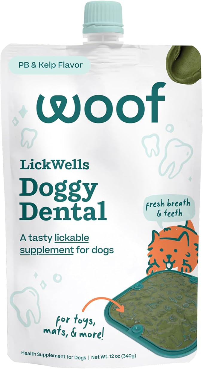 LickWells Doggy Dental - Teeth Cleaning Supplement and Breath Freshener for The FlipMat and LickMat - Postbiotic Squeezable Dog Treats to Support Oral Health for Dogs - 12 oz PB & Kelp Flavor.